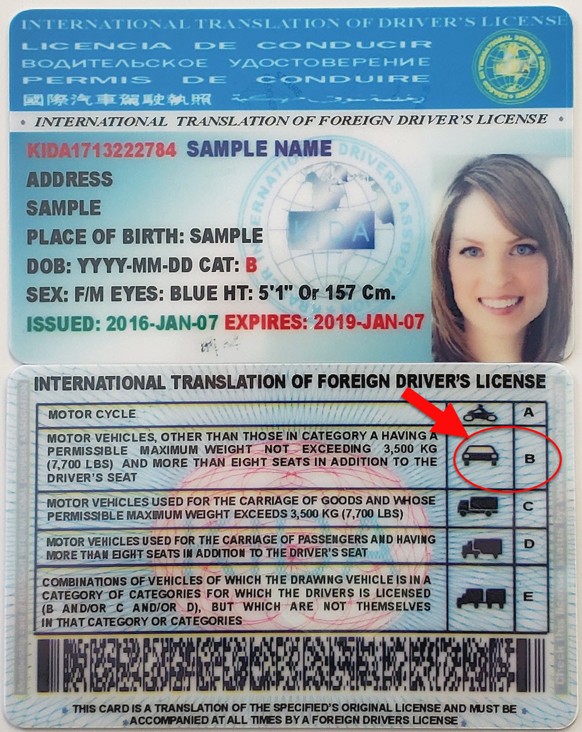 Intranational drivers license with categories